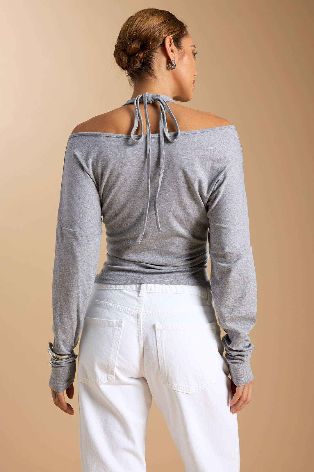 Halter Neck Tie-Back Asymmetrical Long-Sleeve Top