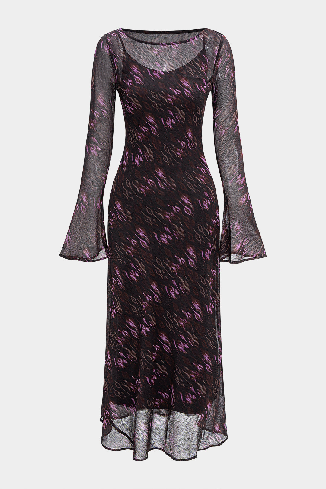 Abstract Leopard Print Chiffon Ruched Long Sleeve Maxi Dress