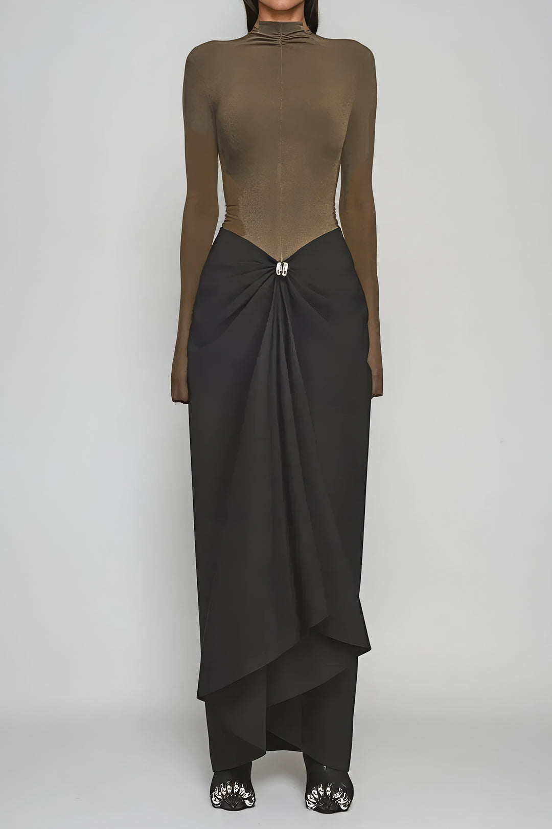 Satin Metallic Ruched Patchwork Zipper Long Sleeve Maxi Dress