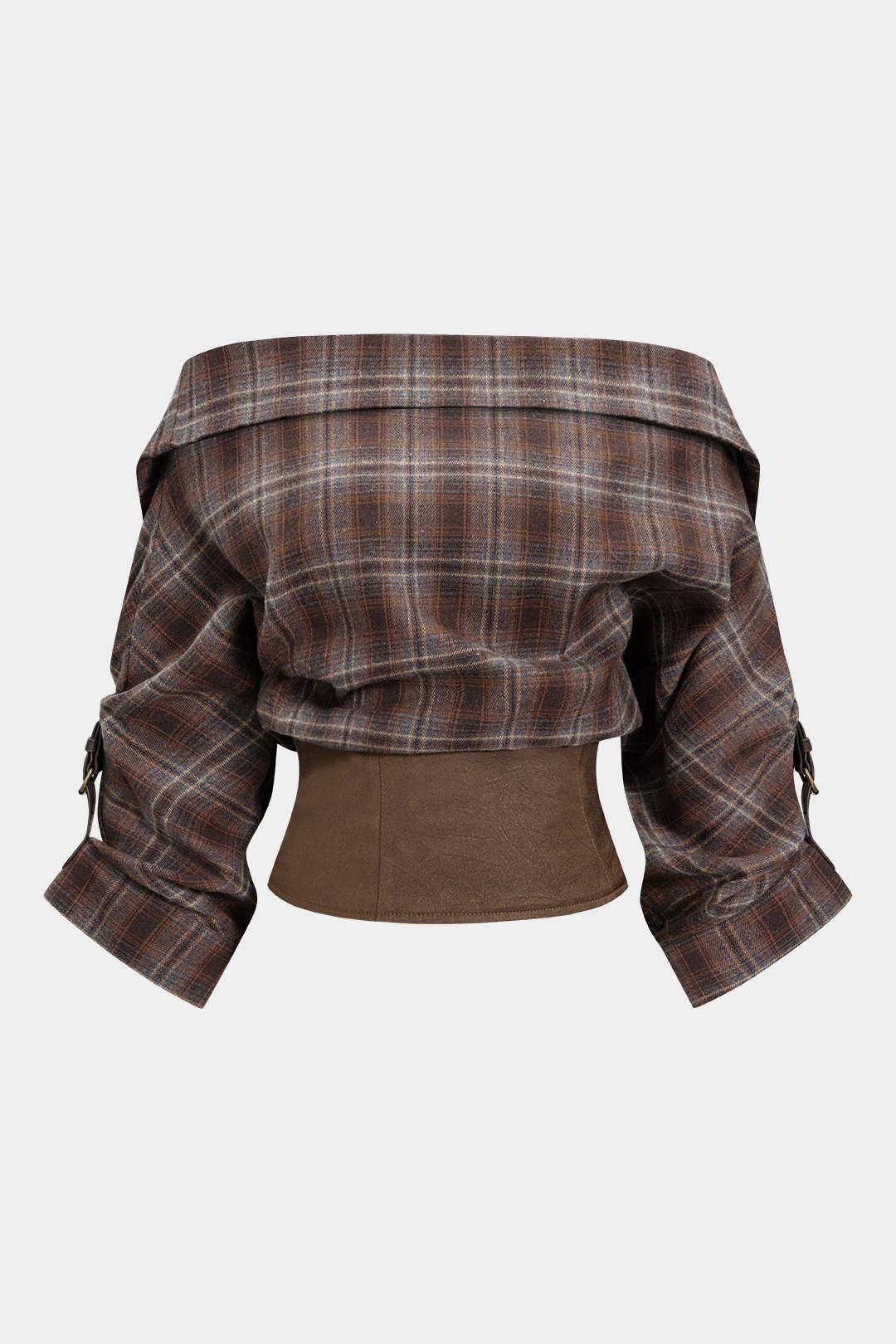 Plaid Print Satin Patchwork Off Shoulder Zipper Long-Sleeve Shirt