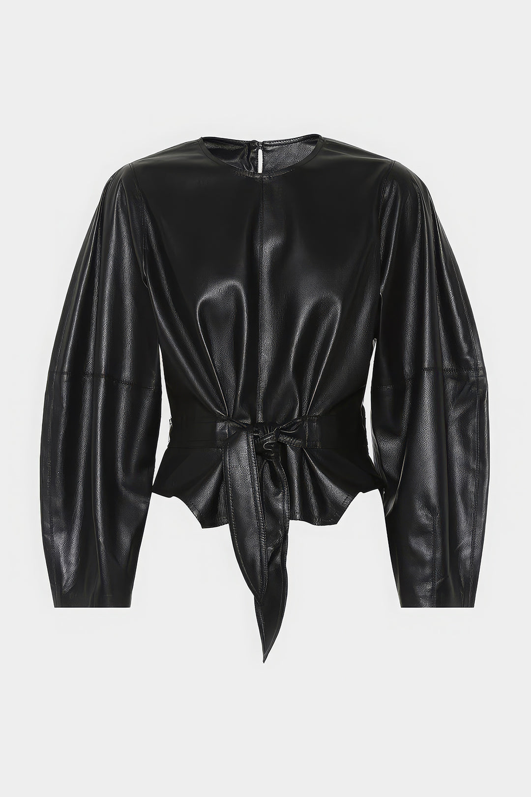 Faux Leather Tie Front Round Neck Long-Sleeve Shirt