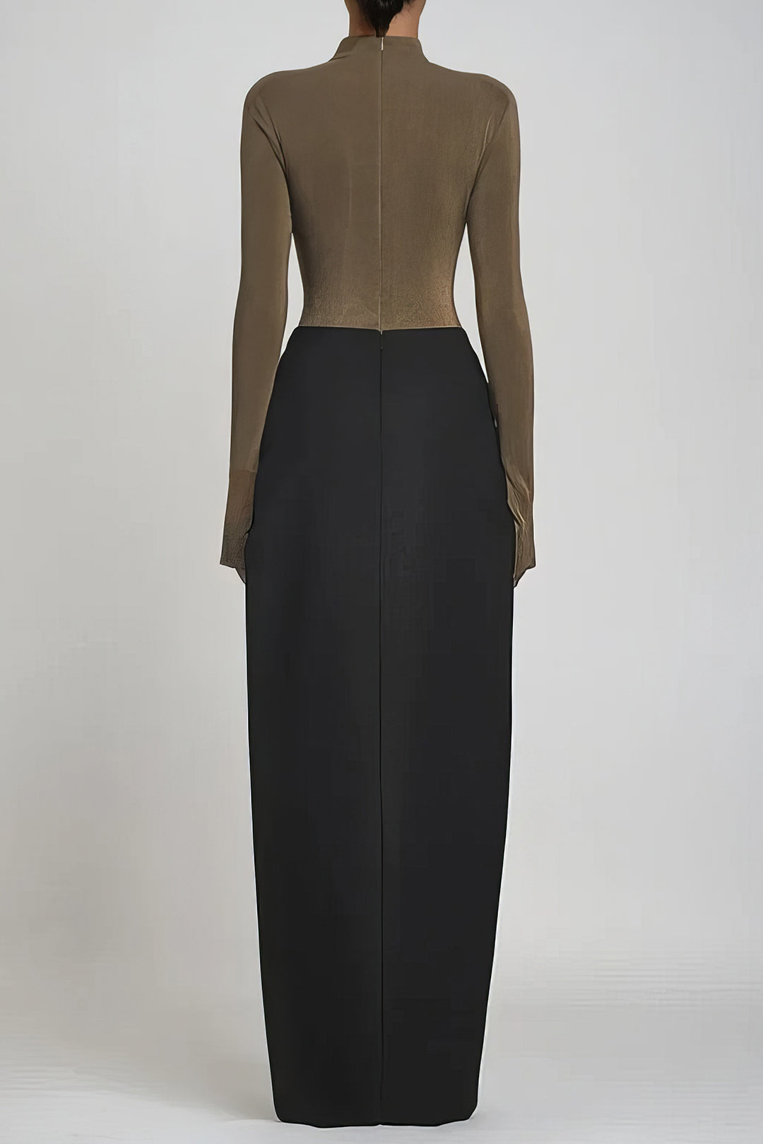 Satin Metallic Ruched Patchwork Zipper Long Sleeve Maxi Dress
