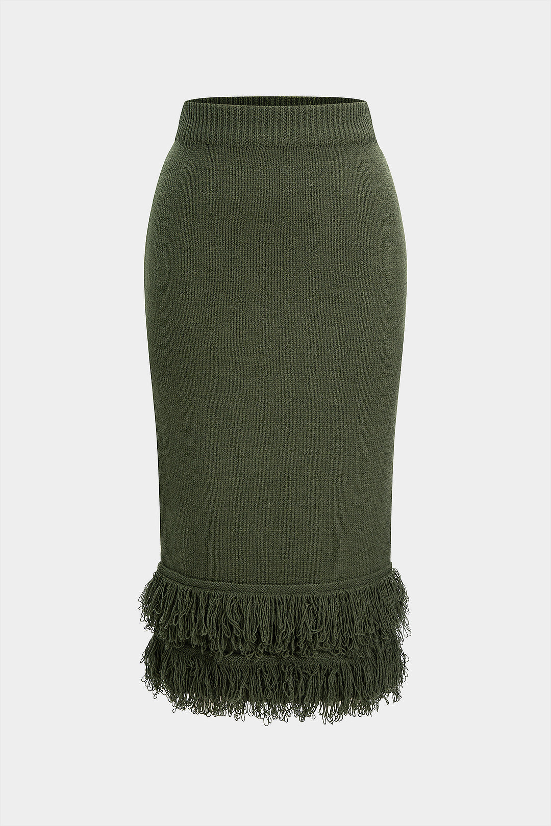Knit High Waist Fringe Trim Skirt