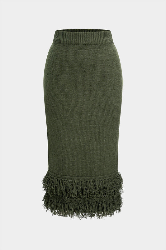 Knit High Waist Fringe Trim Skirt