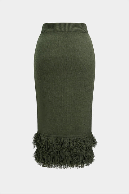 Knit High Waist Fringe Trim Skirt