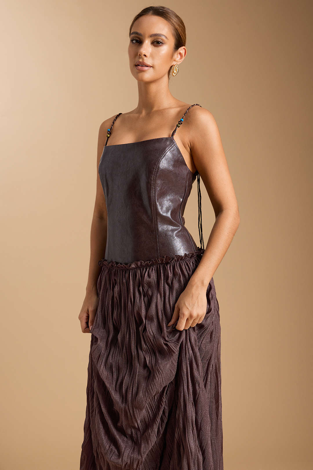 Faux Leather Patchwork Ruched Sleeveless Midi Dress