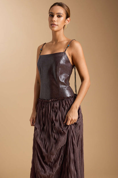 Faux Leather Patchwork Ruched Sleeveless Midi Dress