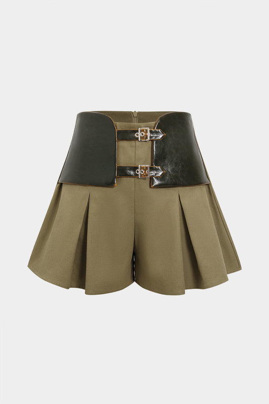 Faux Leather High Waist Pleated Shorts