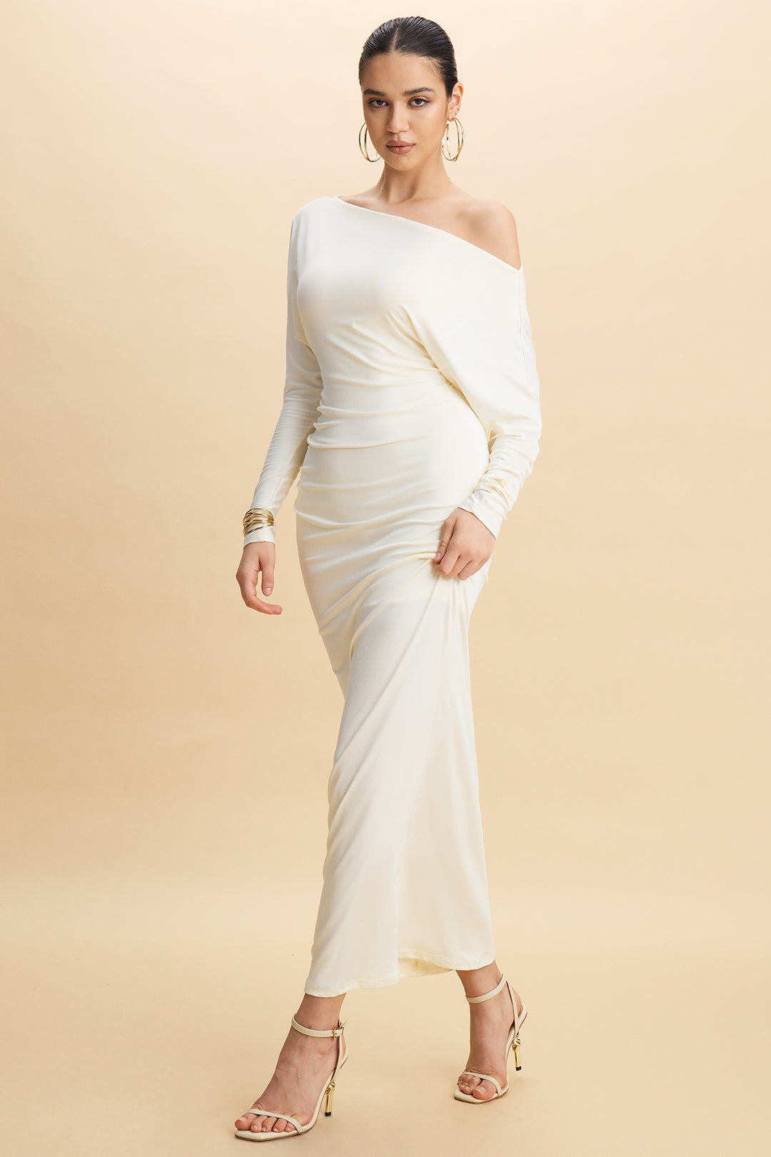 One Shoulder Ruched Long Sleeve Maxi Dress