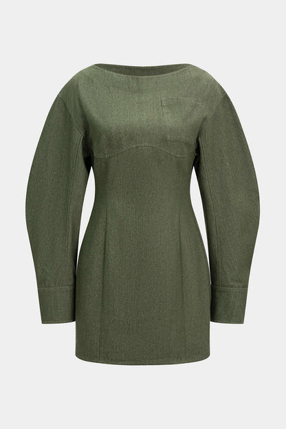 Asymmetrical Pocket Long Sleeve Mini Dress