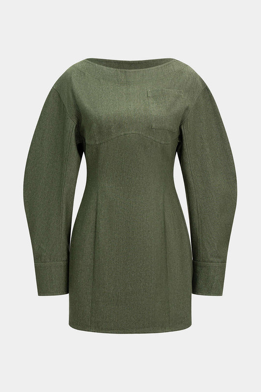Asymmetrical Pocket Long Sleeve Mini Dress