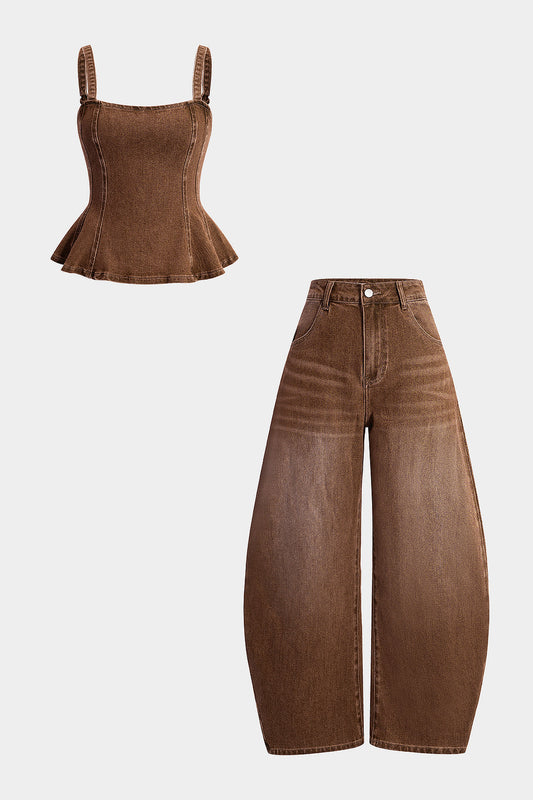 Denim Ruched Cami Top And Barrel Jeans Set