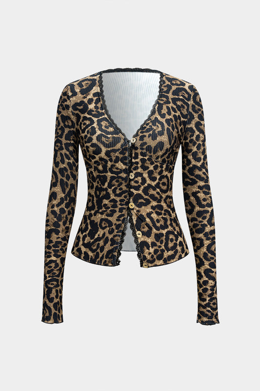 Leopard Print V-Neck Lace Trim Button Long-Sleeve Top