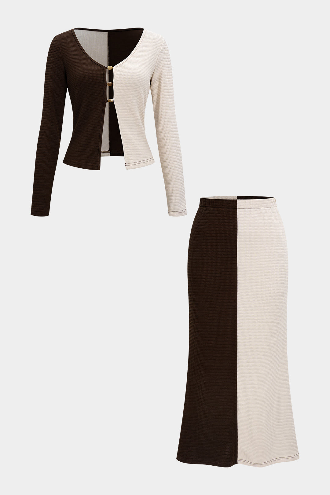 Contrast Button Long-Sleeve Top And High Waist Skirt Set