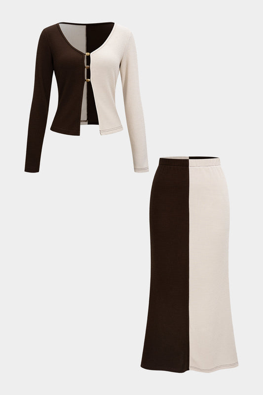 Contrast Button Long-Sleeve Top And High Waist Skirt Set