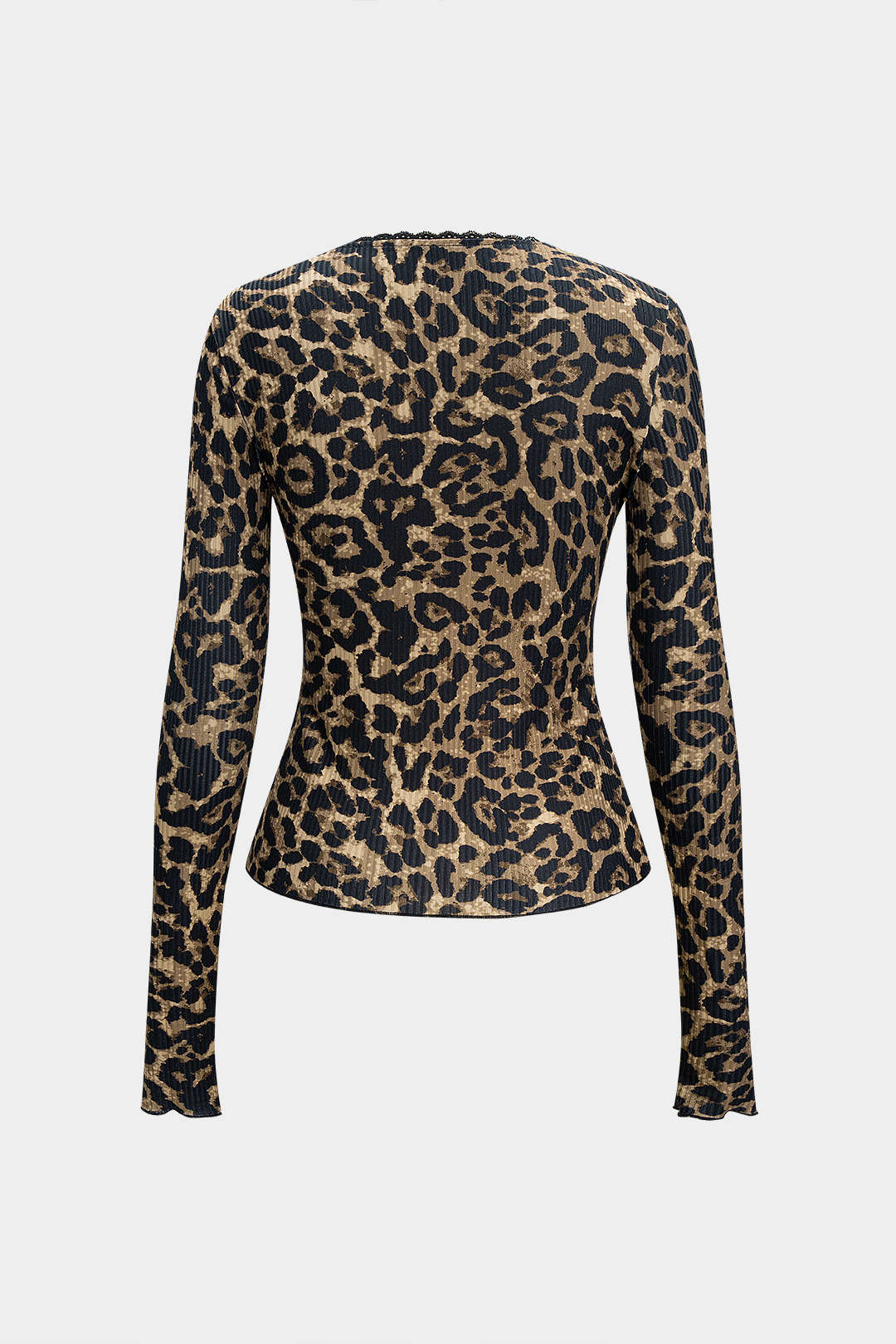 Leopard Print V-Neck Lace Trim Button Long-Sleeve Top