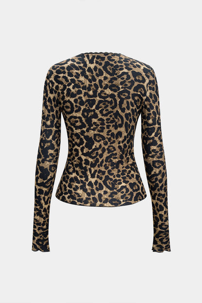 Leopard Print V-Neck Lace Trim Button Long-Sleeve Top