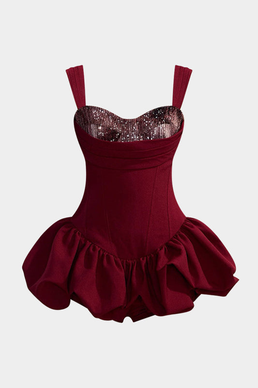 Corset Waist Ruched Puff Hem Sleeveless Mini Dress