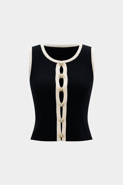 Knit Metallic Button Contrast Binding Tank Top