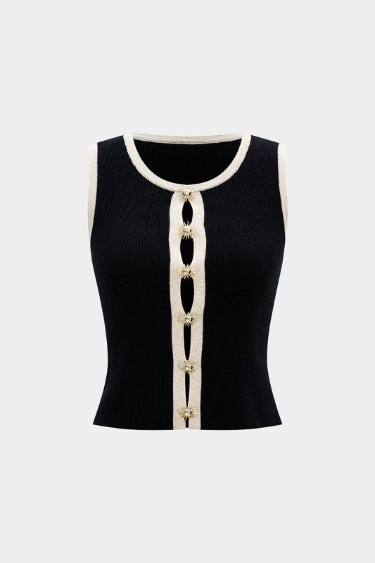 Knit Metallic Button Contrast Binding Tank Top