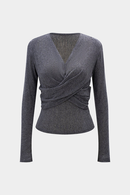 Crossed Ruched Long-Sleeve Top