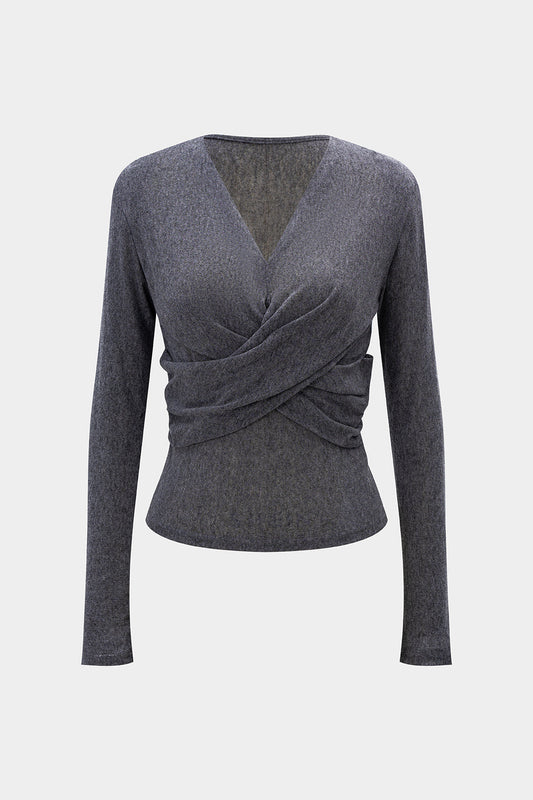 Crossed Ruched Long-Sleeve Top