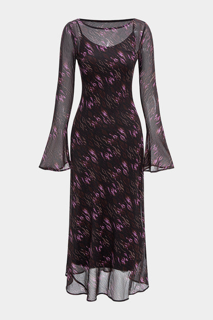 Abstract Leopard Print Chiffon Ruched Long Sleeve Maxi Dress