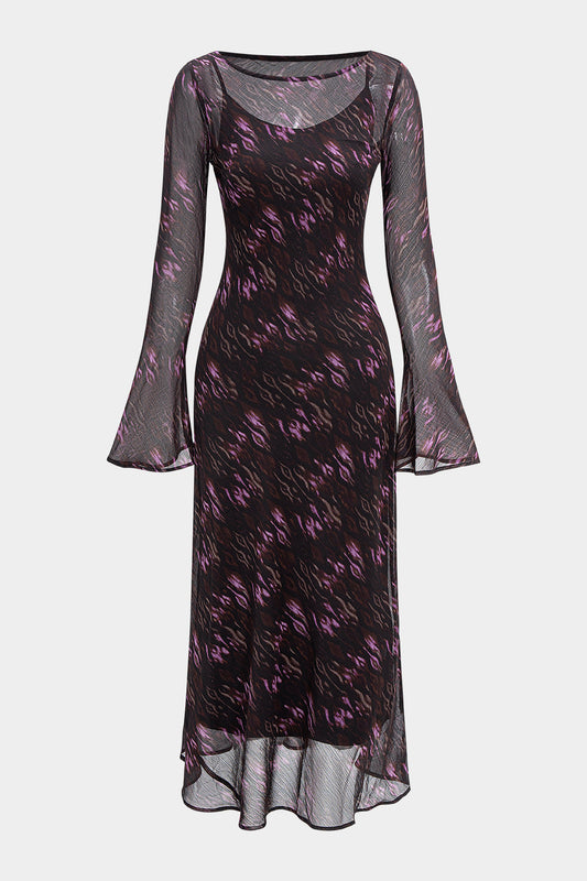 Abstract Leopard Print Chiffon Ruched Long Sleeve Maxi Dress