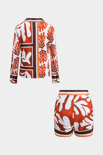 Leaves Print Satin Long Sleeve Shirt And Asymmetrical Mini Skirt Set