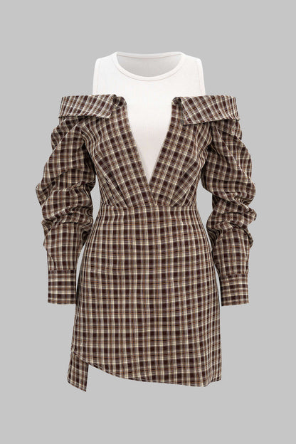 Plaid Print Patchwork Long Sleeve Mini Dress