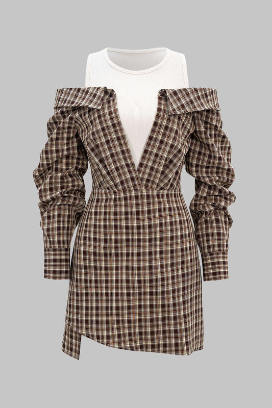 Plaid Print Patchwork Long Sleeve Mini Dress