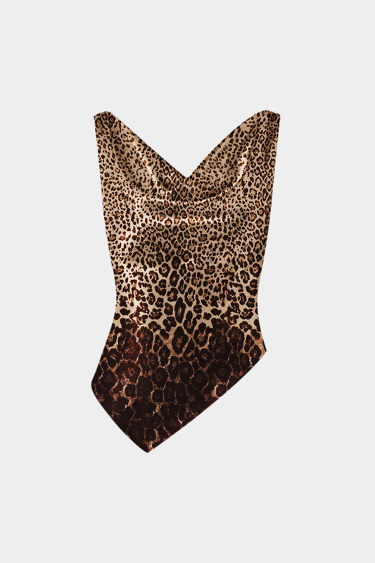 Leopard Print Satin Asymmetrical Draped Cowl Neck Tank Top