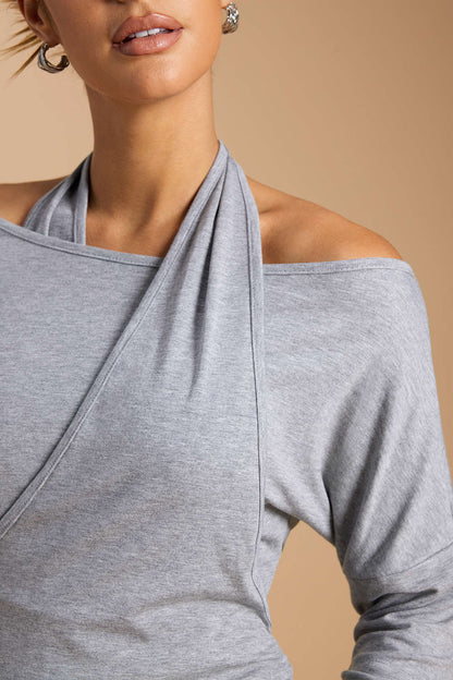 Halter Neck Tie-Back Asymmetrical Long-Sleeve Top