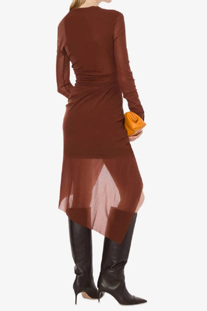 Asymmetrical Twist Knot Ruched Long Sleeve Midi Dress