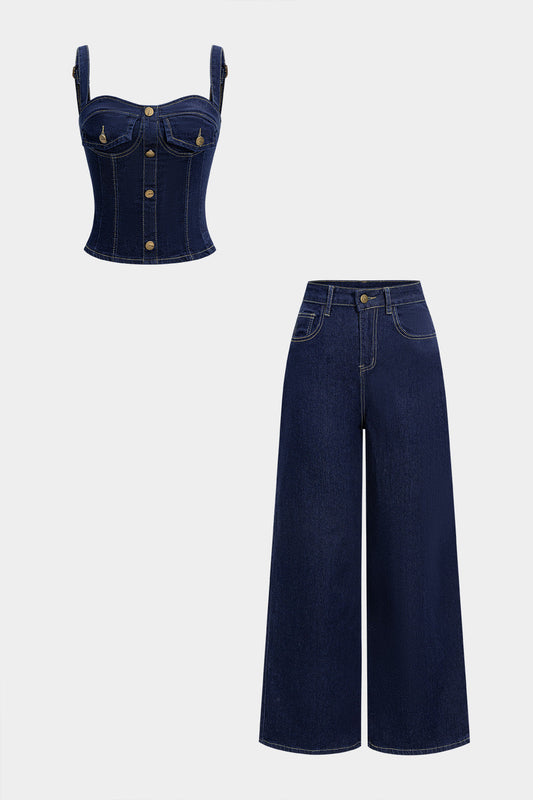 Denim Button Zipper Cami Top And High Waist Straight Leg Jeans Set