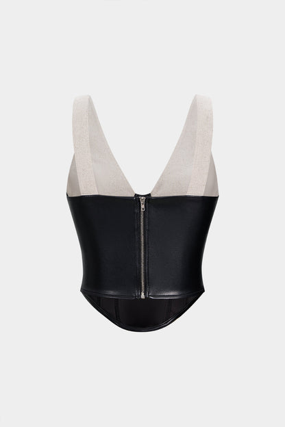 Faux Leather Linen Patchwork V-Neck Cami Top