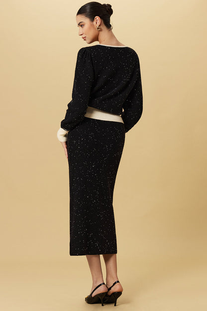 Knit Contrast Button Tie-Up Long-Sleeve Top
