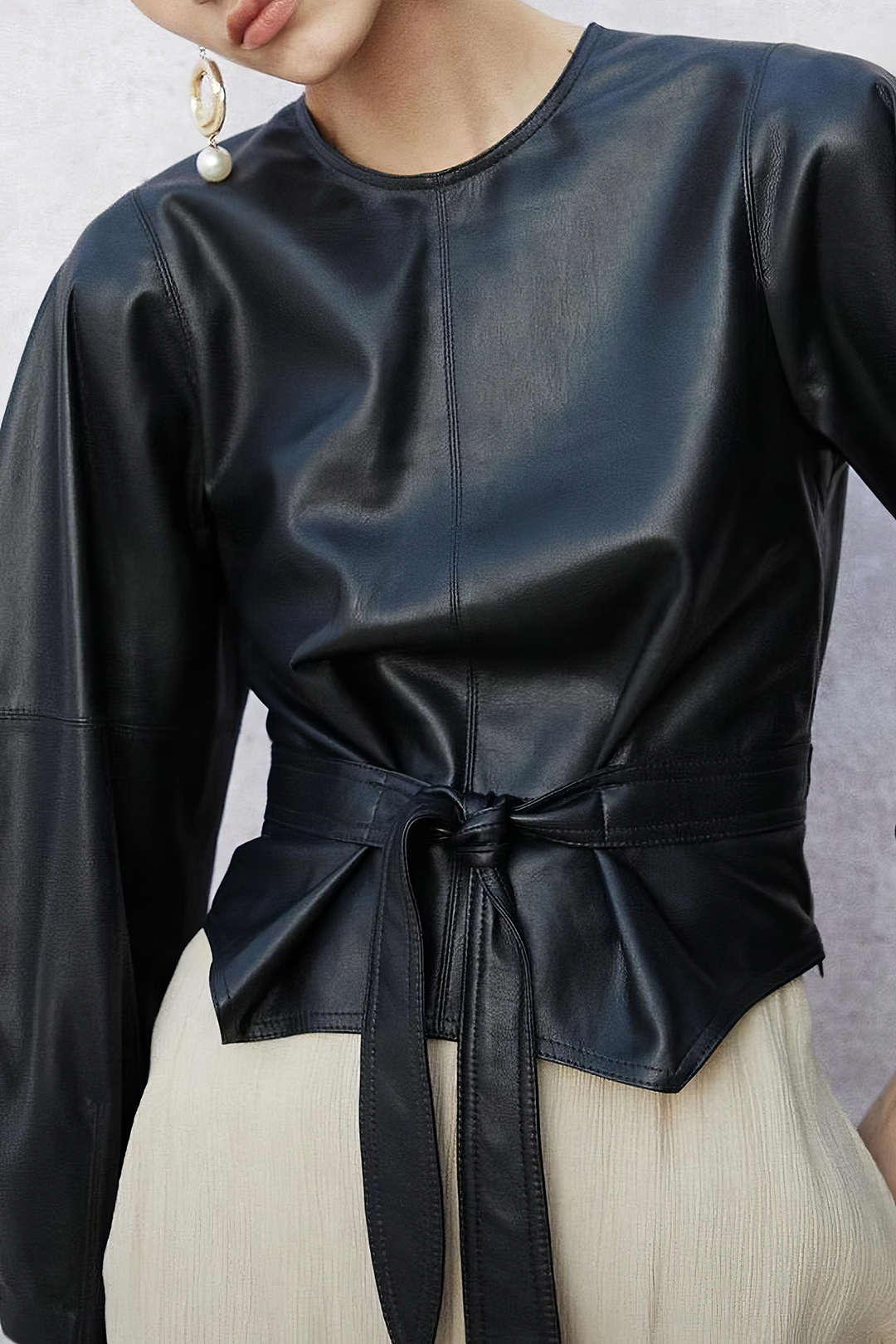 Faux Leather Tie Front Round Neck Long-Sleeve Shirt
