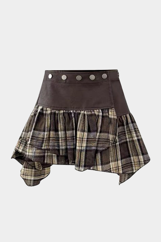 Plus Size Plaid Print Suede Patchwork Mini Skirt