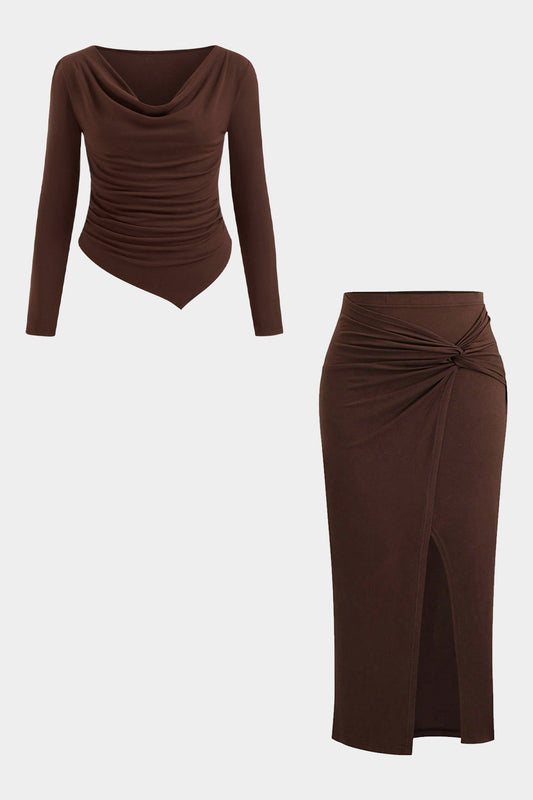 Plus Size Draped Cowl Neck Ruched Long-Sleeve Top And Twist Knot Skirt Set