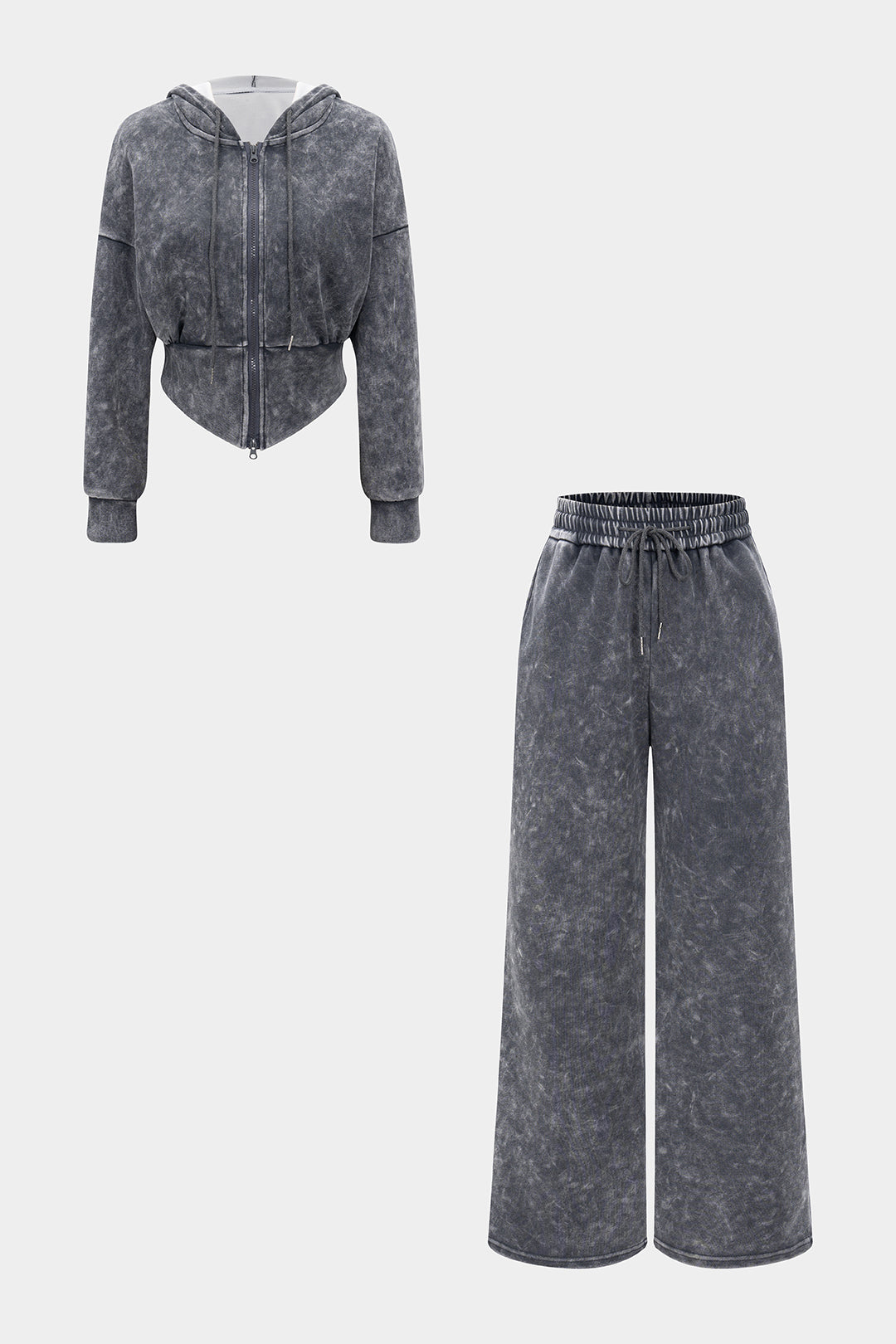 Drawstring Zipper Hoodie And Shirred Waistband Trousers Set