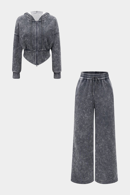 Drawstring Zipper Hoodie And Shirred Waistband Trousers Set