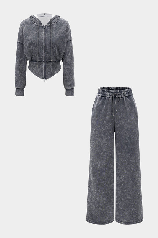 Drawstring Zipper Hoodie And Shirred Waistband Trousers Set
