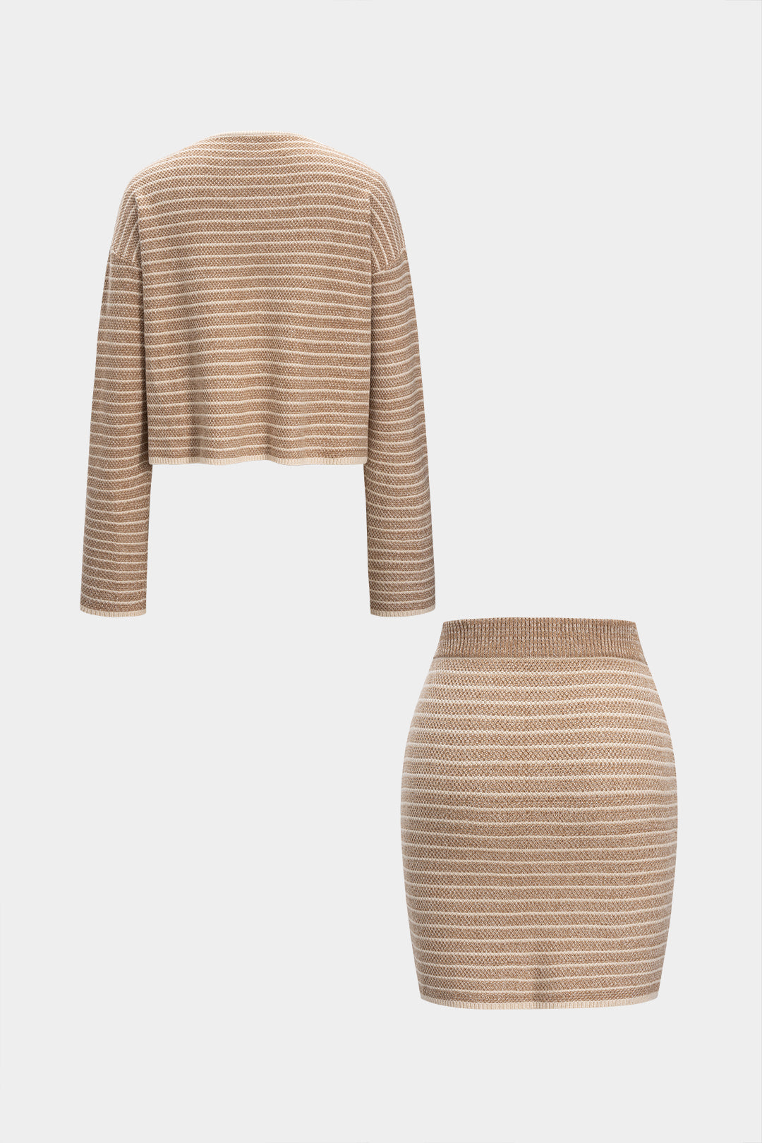 Knit Stripes Print Button Long-Sleeve Top And Mini Skirt Set