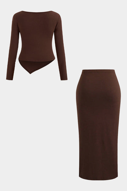 Plus Size Draped Cowl Neck Ruched Long-Sleeve Top And Twist Knot Skirt Set