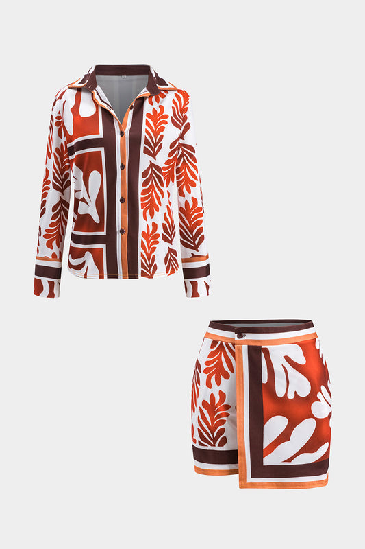 Leaves Print Satin Long Sleeve Shirt And Asymmetrical Mini Skirt Set