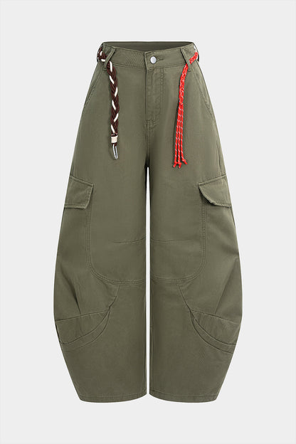 Denim Pocket Belted Barrel Jeans