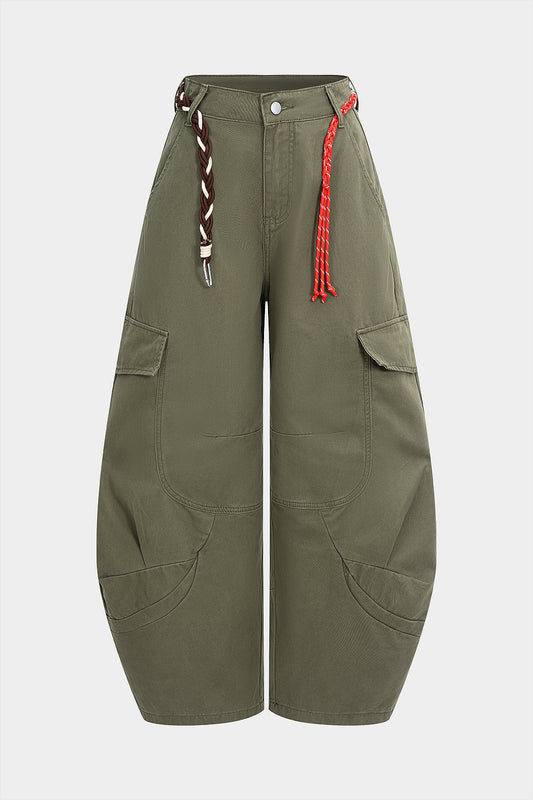 Denim Pocket Belted Barrel Jeans