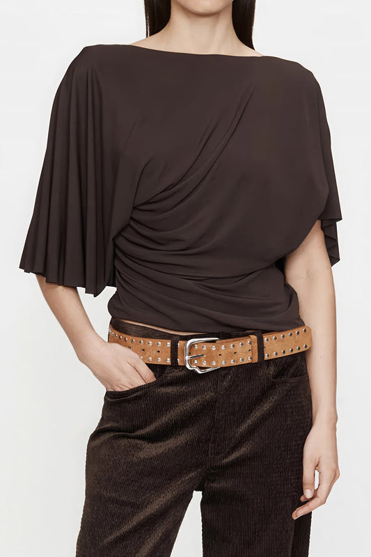Ruched Asymmetrical Backless Short-Sleeve Top