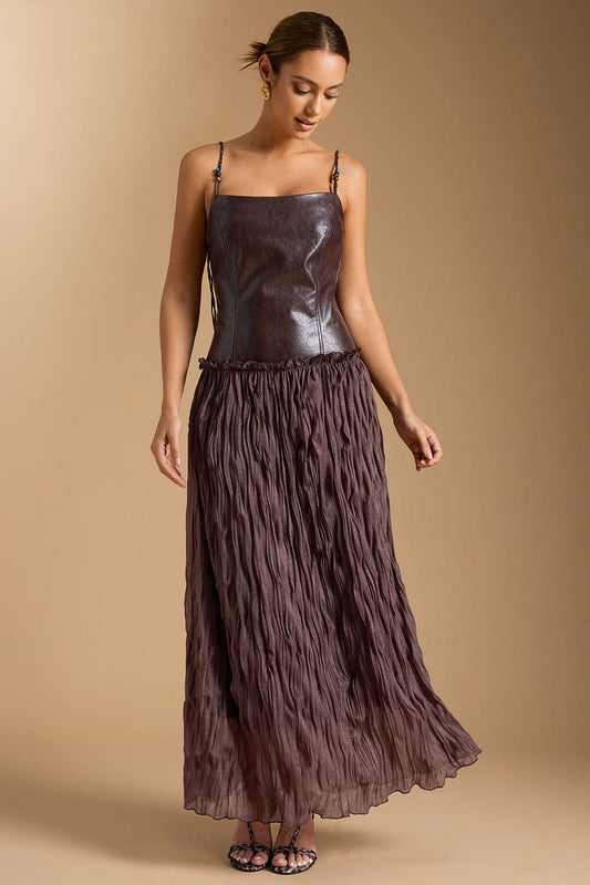 Faux Leather Patchwork Ruched Sleeveless Midi Dress